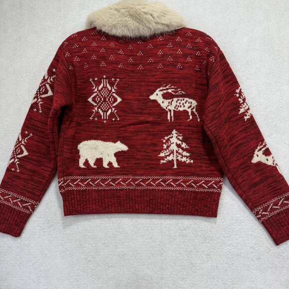 Sundance Sweater Womens Small Red Zip Cardigan Faux Fur Collar Wool Blend Nordic - Picture 8 of 9